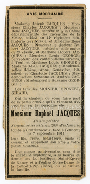 Avis mortuaire de Raphaël Jacques (1882-1914)